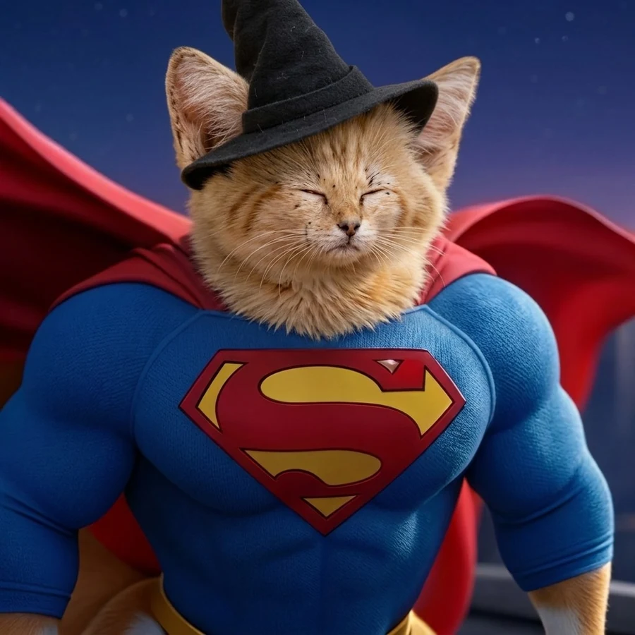 The kitten up close: eyes shut, tiny witch hat, very large blue super suit with a red and yellow emblem and a red cape